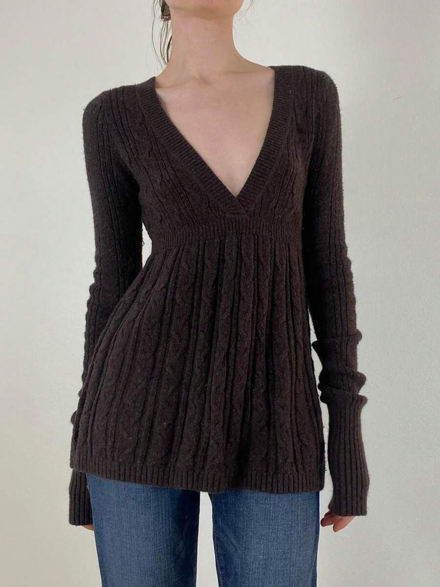 Women's Fall Sweater Long Sleeve V Neck Cable Knit Ruffle Babydoll Sweater Tops - Brown - View 1