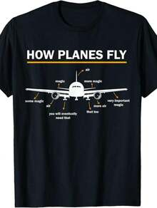 100% Made In USA, 180g Cotton "How Planes Fly" Diagram T-Shirt For Men - Funny Aerospace Engineering Aviation Tee With Airplane Graphic, Short Sleeves, Round Neck - Vintage Style, Machine Washable - 黑色 - 查看 1