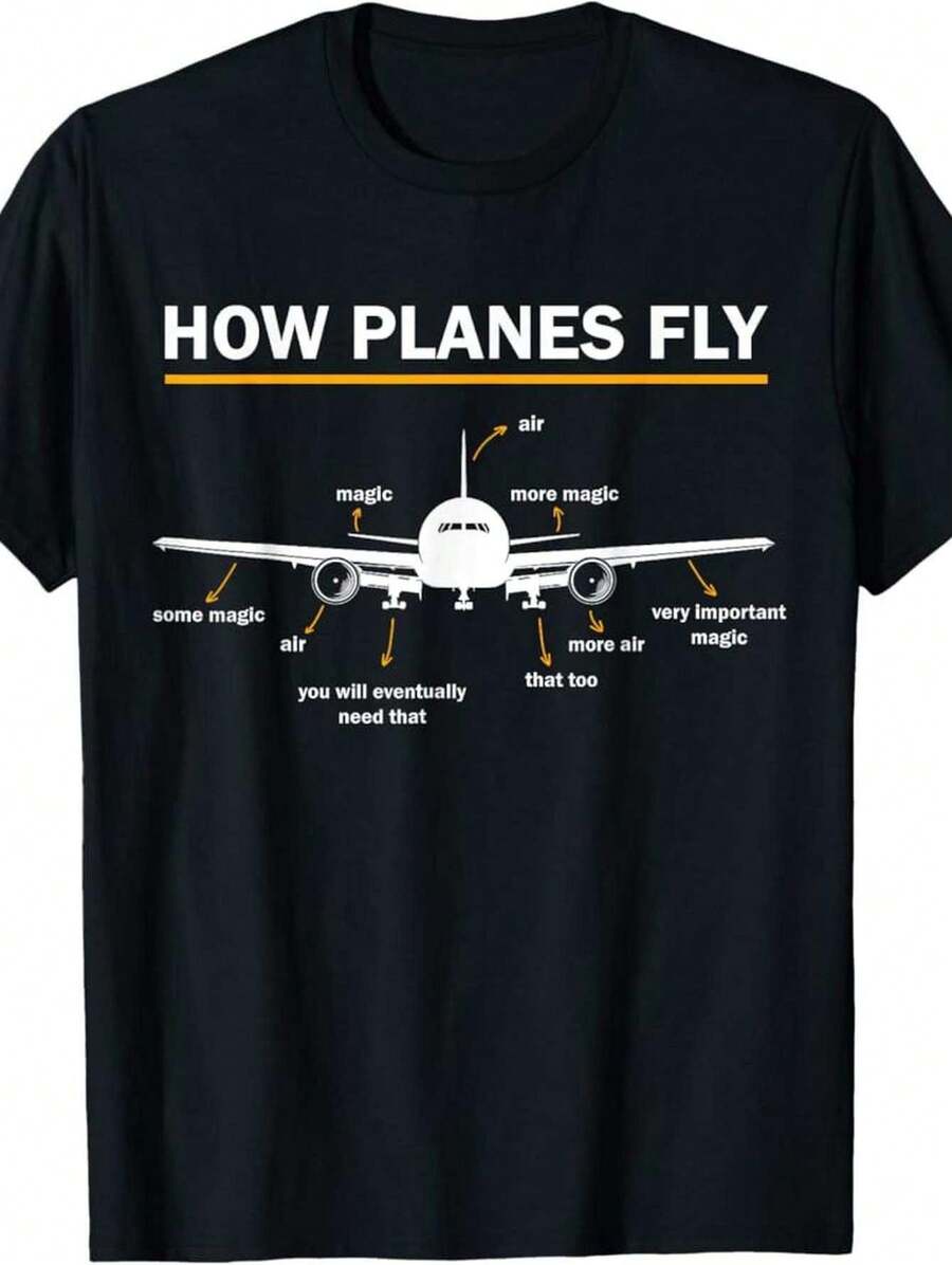 100% Made In USA, 180g Cotton "How Planes Fly" Diagram T-Shirt For Men - Funny Aerospace Engineering Aviation Tee With Airplane Graphic, Short Sleeves, Round Neck - Vintage Style, Machine Washable - 黑色 - 查看 1