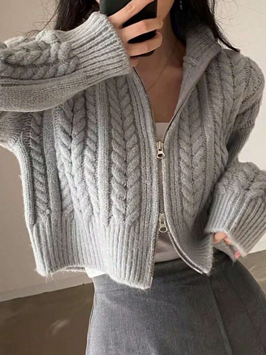 Mujeres cardigans otoño e invierno cálido jersey perezoso viento suelto versátil sección corta doble cremallera suéter de punto - Gris Claro - Ver 1