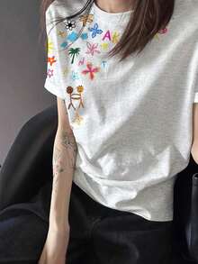 女款美式風格重磅學生夏季復古印花短袖T恤，含設計元素 - 白花灰色 - 查看 12