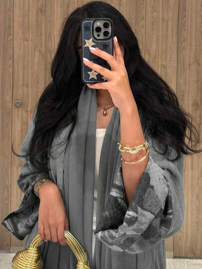 1件女士不对称扎染印花袖口纯色长款开衫，法式优雅女士长袍连衣裙，适合日常生活、工作、旅行、派对（不含头巾）