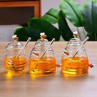 1 件日式玻璃蜂蜜储存罐，配有玻璃搅拌器和可爱的蜜蜂装饰，适用于储存咖啡豆、蜂蜜、糖果和调味料，独特的生日、母亲节、圣诞节礼物