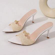 French Style Women High Heel Sandals, Office Shoes Embroidered High Heels, Party Pumps - Beige - View 15