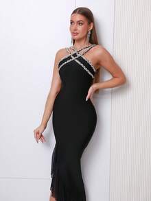 Love Aing 女士时尚手工水晶串珠网纱交叉性感派对宴会鸡尾酒会不对称绷带连衣裙婚礼宾客礼服正式晚礼服春季长裙 - 黑色 - 查看 8