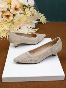 Women's Pointed Toe Shallow Mouth Knitted Hollow Breathable Upper, Stretch And Comfortable, Kitten Heel 1.57 Inches, Suitable For Casual Office Wear, Suitable For Matching Skirts And Trousers - Asaan - Xem 2