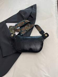 [Chic 2025 时尚单肩包] 深棕色/黑色几何印花宽肩带斜挎包 - 2025 女士时尚单肩包 - 耐用 PU 配涤纶衬里，都市复古风格新时尚大容量高端韩版休闲简约轻便百搭，复古休闲复古风格，字母印花，可调节肩带，女士单肩斜挎包手提包