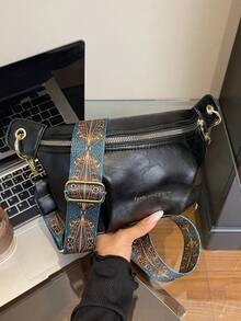 [Chic 2025 时尚单肩包] 深棕色/黑色几何印花宽肩带斜挎包 - 2025 女士时尚单肩包 - 耐用 PU 配涤纶衬里，都市复古风格新时尚大容量高端韩版休闲简约轻便百搭，复古休闲复古风格，字母印花，可调节肩带，女士单肩斜挎包手提包