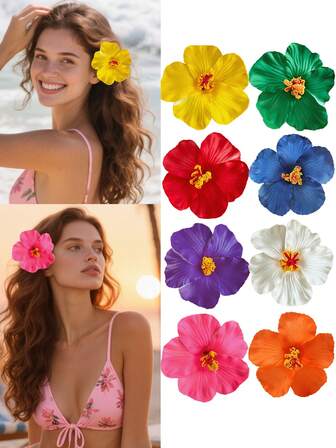 8 Pcs Hawaiian Flower Hair Clips For Women, Artificial Flower Hair Clips, Plumeria Hibiscus Flower Hair Clips For Holiday Beach Party, Summer Tropical Flower Hair Accessories For Girls' Holiday Gifts, Cat Ears, Claw Clips, Hair Claws, Hair Slide, Hair Barrettes