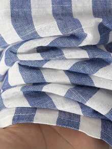 Camisa casual de manga larga con botones y cuello a rayas para hombre, versátil para cita, playa, vacaciones, regalo - Azul y blanco - Ver 3