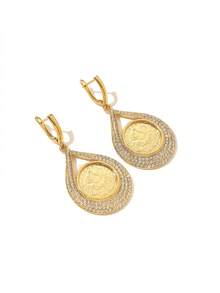 1 Cặp bông tai mặt dây chuyền hình đồng xu mạ vàng pha lê hợp kim đồng thanh lịch, thích hợp làm trang phục hàng ngày và quà tặng ngày lễ cho phụ nữ - Vàng - Xem 4