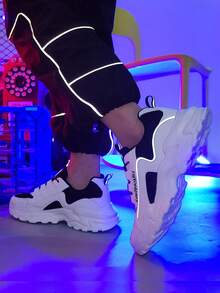 ​Men's  Black And White Chunky Sole Sneakers - Breathable Mesh Upper With Raw Hem Denim For Street Style Comfort, Year-Round Shoes​ - 白黑 - 查看 4