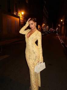 魅力优雅性感假日约会极简派对长袖蕾丝边V领紧身连衣裙 - 黃色 - 查看 4