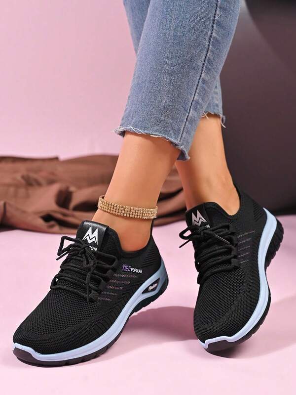 Plus Size Women's Bestselling Versatile Lightweight Casual Sports Shoes, Fashionable & Comfortable Knit/Lace-Up/Dual-Color Sole Running Sneakers