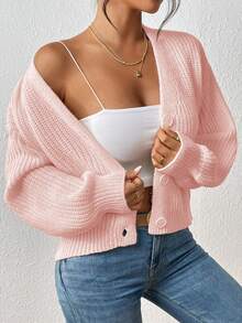 New Fashion Solid Color V-Neck Button Knit Cardigan For Women - Baby Pink - View 6