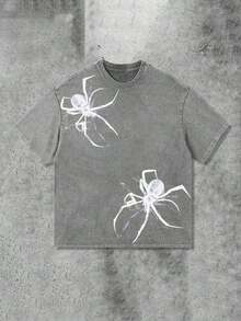 Y2K Spider Print T-Shirt (230g Pure Cotton Washed T-Shirt)% Pure Cotton Fabric-Men And Women Street Retro Loose Casual Hip-Hop Washed T-Shirt, Retro - 灰色 - 查看 1