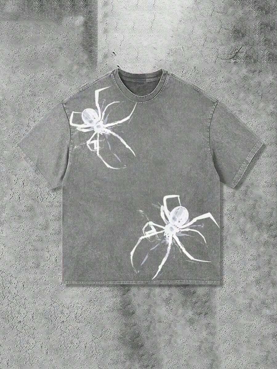 Y2K Spider Print T-Shirt (230g Pure Cotton Washed T-Shirt)% Pure Cotton Fabric-Men And Women Street Retro Loose Casual Hip-Hop Washed T-Shirt, Retro - 灰色 - 查看 1