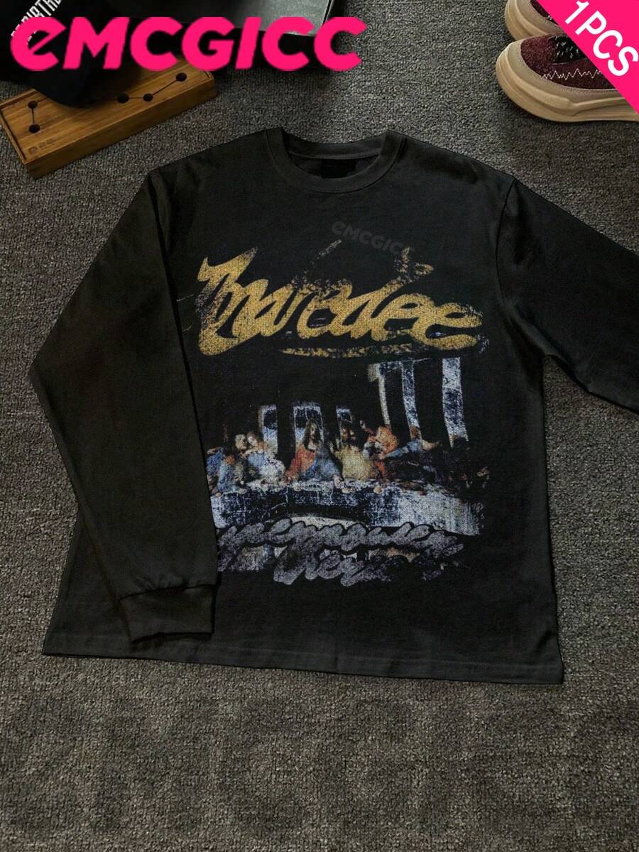 EMCGICC Manfinity Y2k Long Sleeve Shirts ,Graphic T Shirt Cotton 250g,Fashionable Hip-Hop For Men -  Long Sleeve T-Shirts, Funny Vintage Shirts,Regular Fit, Street Style, Digital Print,  Ideal Gift - 黑色 - 查看 1