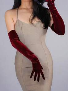 1 双天鹅绒长款正式手套，酒红色，涤纶纤维，适合婚纱、服装配饰、四季秋季配饰 - 酒紅色 - 查看 4