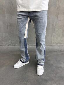 Fashionable Patchwork Jeans, American Streetwear Vintage Washed Straight Leg Slim Fit Denim Pants For Men - Light Wash - View 1