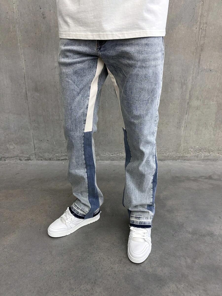 Fashionable Patchwork Jeans, American Streetwear Vintage Washed Straight Leg Slim Fit Denim Pants For Men - Light Wash - View 1