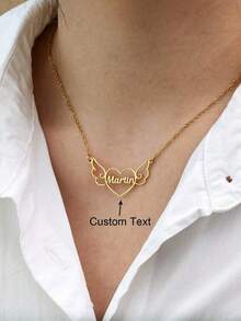 Customized Angel Wings Heart Name Necklace, Stainless Steel Personalized Necklace Pendant For Women, Unique Neck Chain Jewelry Birthday Gift - Multicolor - View 2