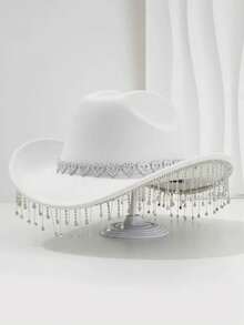 1PC Unique British Style Elegant Cowboy Hat For Men And Women, With Heart-Shaped Diamond Hat Chain, Tassel-Shaped Pendant, Bohemian Style Wide Top Hat, Colorful And Vibrant, Suitable For Western Theme Events, Role Play, Graduation, Graduation, Masquerade, Masquerade, Wedding, Celebration, Halloween Party