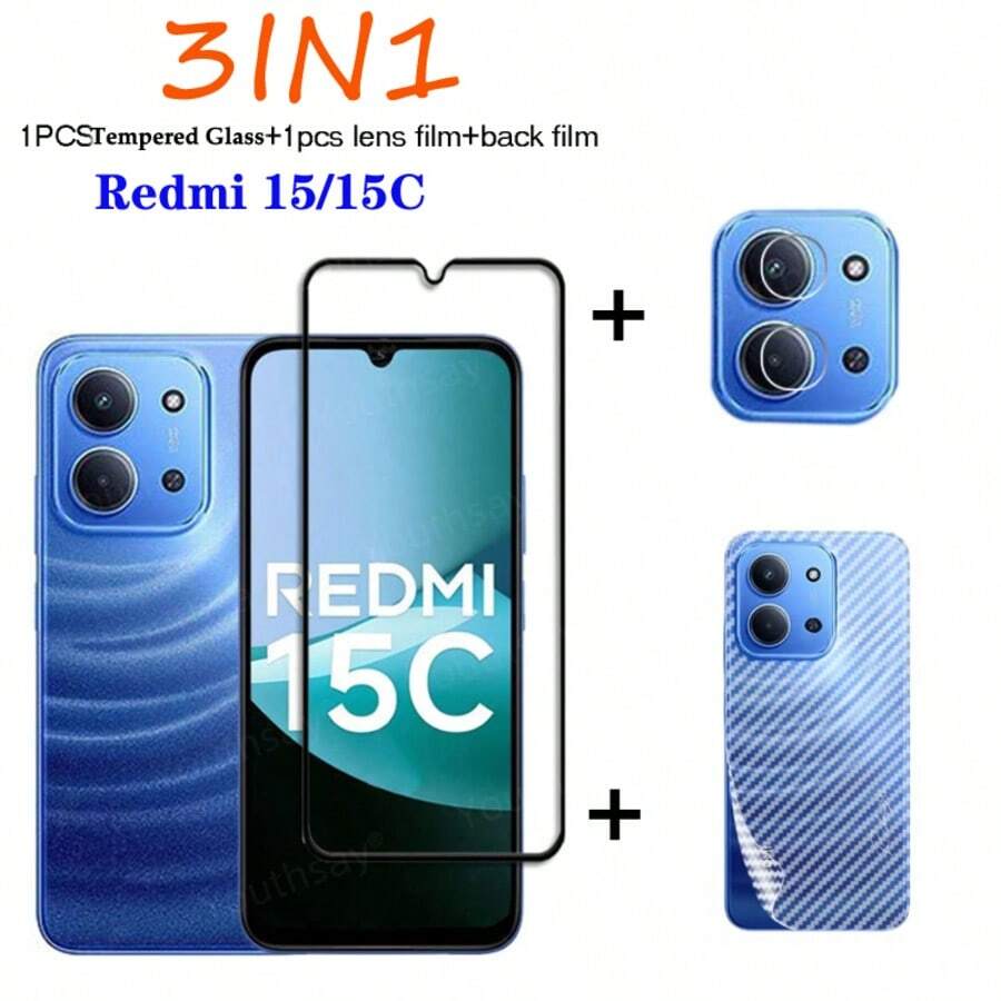 3 In 1 Kunlun GlassTempered Glass For Redmi 15 5G/Redmi 15C Screen Protector Camera Lens Glass Full Cover Tempered Glass Film Back Film Screen Protection Essentials, Applicable To Daily Shield, Office, Home Phone Screen Protector Phone Accessories Waterproof Shockproof Anti-Fall Scratch Resistant - 3IN1 - View 1