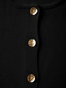 FOR BEAUTY 纯色圆领长袖开衫，女士新款休闲百搭时尚针织衫，通勤优雅修身外套，宽松简约上衣 - 黑色 - 查看 6