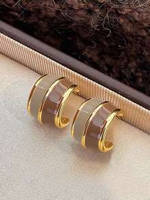 3 Pairs Minimalist Elegant Vintage French Chic Asymmetrical Drip Oil Geometric Design Sophisticated Mini Earrings Set, Suitable For Daily Wear, Commute, Casual, Autumn/Winter - Brown - View 8