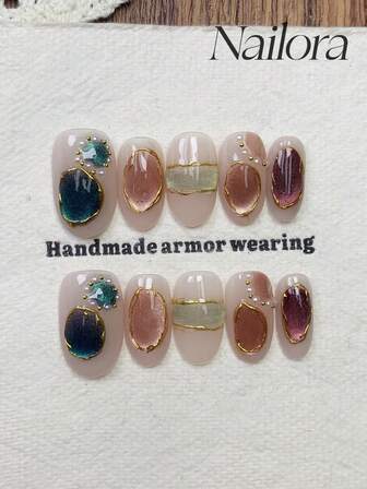 10pcs Handmade Nails Oval Nails Press On Nails Short Medium Nails, Minimalism Pink Green Purple Nails, Handpainted Asymmetrical Lines Color Lump, Flashy Cateye, Faux Pearl Inlaid, Cute Simple Elegant Luxury Handcrafted Artificial Fingernails, Autumn Nails, Fall Press On Nails, Versatile Nails DIY False Nail Art Party Daily & Dating Use Beach Tropical Getaway Suitable Reusable, For Women & Girls As Gift Nail Supplies