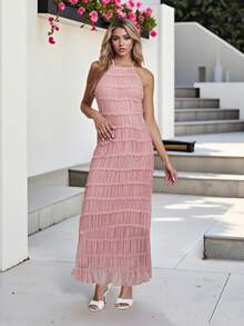 Women's Ruched Bodycon Long Dress Sleeveless Backless Solid Color Dress Cocktail Party Dress - Pink - View 6