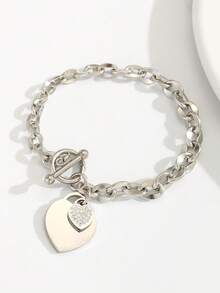 1 chiếc vòng tay thép không gỉ mặt trái tim đôi có móc cài OT dành cho quý cô thanh lịch làm quà tặng dự tiệc - Bạc - Xem 1
