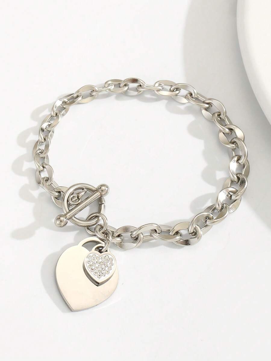 1 chiếc vòng tay thép không gỉ mặt trái tim đôi có móc cài OT dành cho quý cô thanh lịch làm quà tặng dự tiệc - Bạc - Xem 1