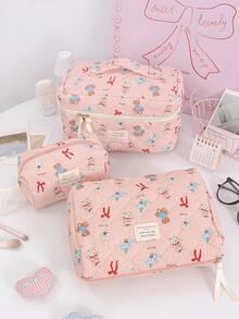 1 Piece Large Capacity Cosmetics Storage Bag Portable Travel Cosmetics Pouch Red Bow Pattern Makeup Bag Multi-Functional Make Up Bag Set Pink Travel Toiletry Bag For Girls Cute Cartoon Print Skincare Organizer Bag Foam Quilted Household Makeup Bag - Pink - View 4