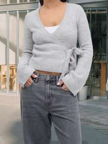 Women Tie Front Wrap Cardigan Solid V Neck Long Sleeve Crop Knit Sweater Casual Fall Clothes - Xám - Xem 2
