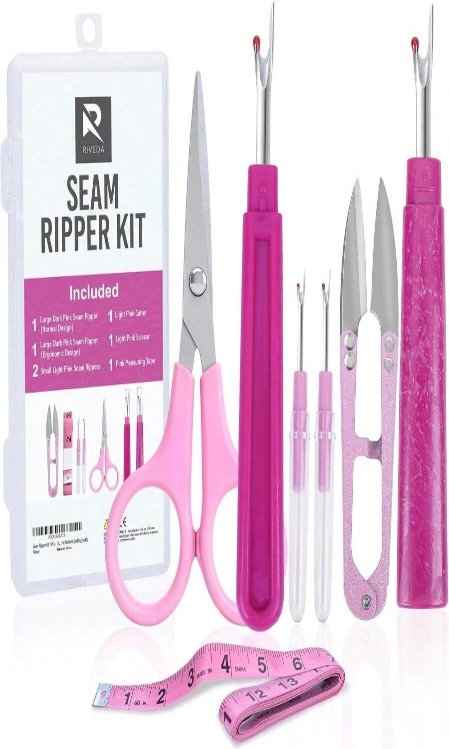 Seam Ripper Kit 7 Pcs - 1 Large, 1 Ergonomic, 2 Small Seam Rippers, Thread Cutter, Scissor, Measuring Tape - Sewing Accessories For Notions Quilting Crafts - 白色 - 查看 1