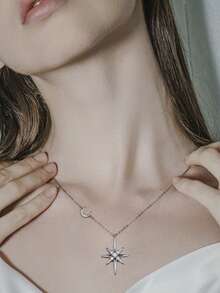 XUJIA 1PC Fashion Elegant Star&Moon Moissanite Pendant Necklace 925 Sterling Silver 3mm&2mm&1mm(0.28ctw) Necklace For Women Birthday Anniversary Valentine's Day Wedding Engagement Jewelry Gifts