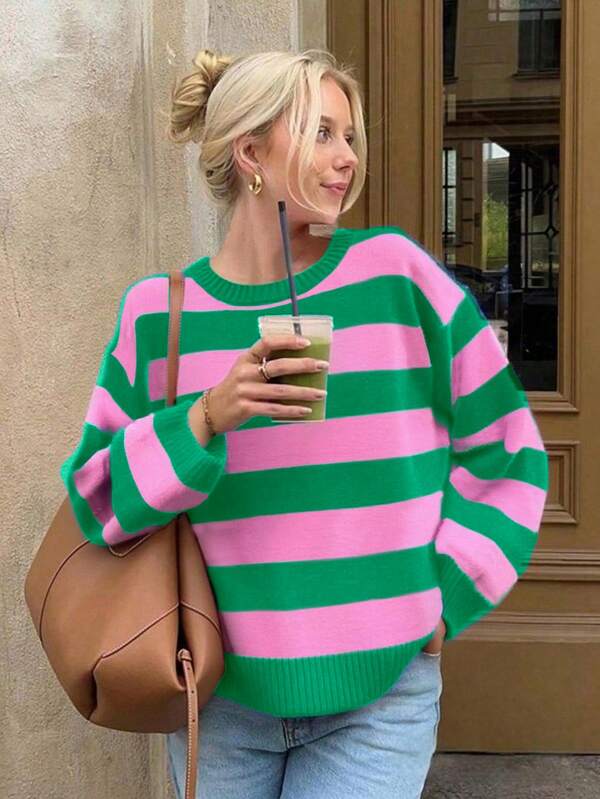 Vêtements d'automne pour femmes, pull oversize rayé, col rond, épaules tombantes, coupe décontractée, style rétro, décontracté coréen, confort facile pour le pull de retour à l'école