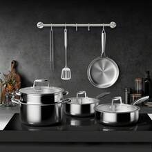 Cookware Sets,Stainless Steel Pots And Pans Set, 14 Piece Tri-Play Nonstick Hybrid Frying Pans, Saucepans, Saute Pan With Tempered Glass Lids, Stay-Cool Handles Induction, Oven, Dishwasher - 銀色 - 查看 7