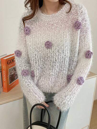 Maglione casual lavorato a maglia da donna per autunno/inverno, pullover pesante con ricamo