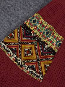 Plus Size Casual V-Neck Random Print Pocket Knit Sweater Dress - Burgundy - View 4