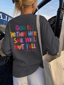 女童休闲彩色印花圆领长袖T恤，秋季学生少女装 - 这款色彩鲜艳的印花T恤一定会让孩子们笑容满面。“上帝在她里面，她必不跌倒”情人节服装 - 深灰色 - 查看 10