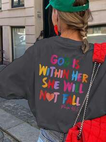 女童休闲彩色印花圆领长袖T恤，秋季学生少女装 - 这款色彩鲜艳的印花T恤一定会让孩子们笑容满面。“上帝在她里面，她必不跌倒”情人节服装 - 深灰色 - 查看 9