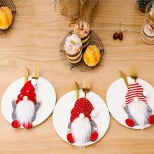 6 piezas Portacubiertos Navideño - Organizador de cubiertos de tela con diseño de Papá Noel y enanito con acentos en forma de corazón, con patrones a rayas rojas y blancas y de lunares, para decoración navideña de la mesa, decoración de mesa navideña, cubiertos no incluidos - Multicolor - Ver 4