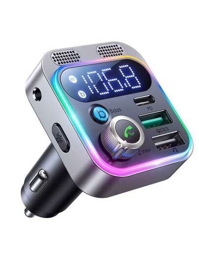 48W Bluetooth Adapter Auto, Bass Hi-Fi Stereo, FM Transmitter Auto Bluetooth 5.0, 30W PD / 18W QC & Freisprecheinrichtung, Doppelmikrofon & LED-Licht, Bluetooth, AUX & U-Disk-Anschluss