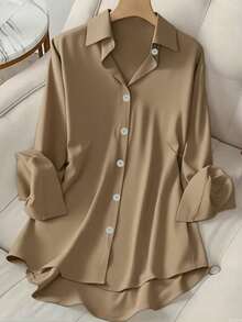 Camisa casual para mujer talla grande, hecha de tela suave y cómoda con un ligero estiramiento, corte holgado, adecuada para usar en primavera/verano o como capa, también adecuada para uso diario, oficina, trabajo y vacaciones - Caqui - Ver 2