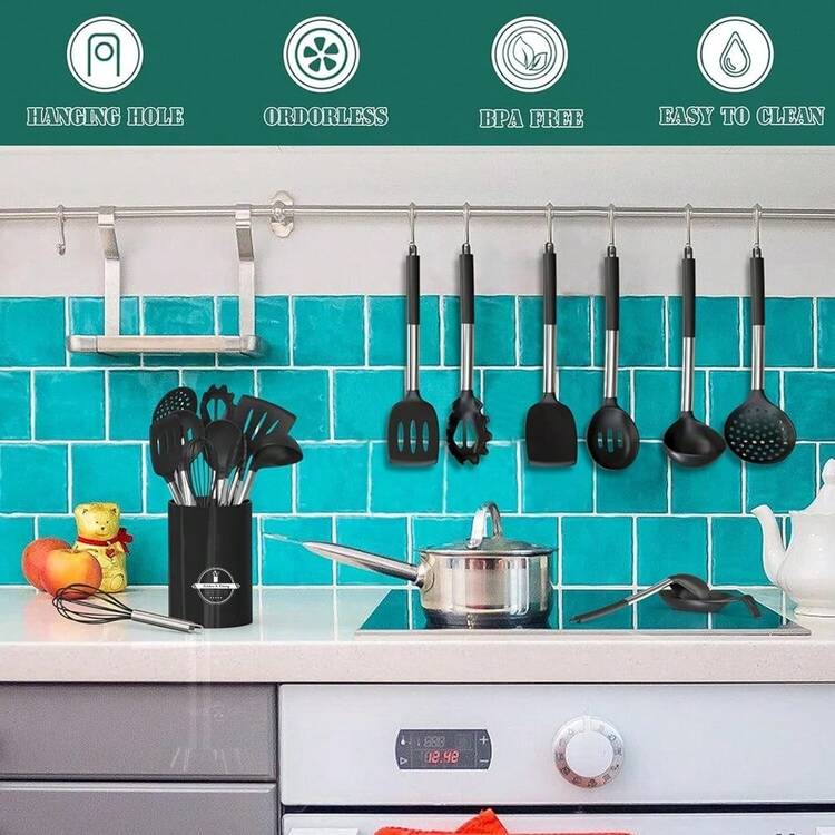15pcs Silicone Kitchen Utensil Set - Easy Cooking & Baking Tools, Perfect For Holidays, Includes Kitchen Essentials|Modern Utensils Kitchen Accessories For Every Home Chef - Black - View 3