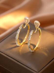 1 Cặp bông tai vòng đồng đính đá Cubic Zirconia thời trang dành cho nữ, bông tai kẹp, sáng bóng và thanh lịch, thích hợp đeo hàng ngày, quà tặng ngày lễ - Kẹp tai - Xem 2