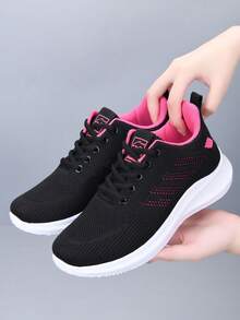 女士休闲运动鞋，轻便舒适的低帮步行鞋，圆头系带休闲跑鞋，网眼透气面料镂空轻便运动鞋